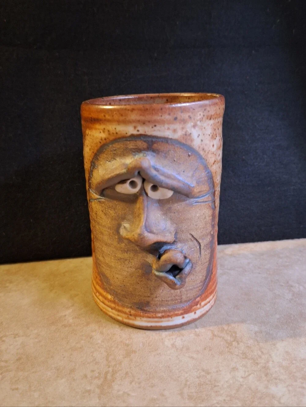 Signed Vintage Goofy Face Mug Handmade Pottery Stoneware Brown Glaze Ceramic